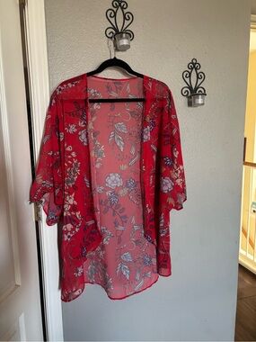 Floral Open-Front Red Kimono Tunic for Women